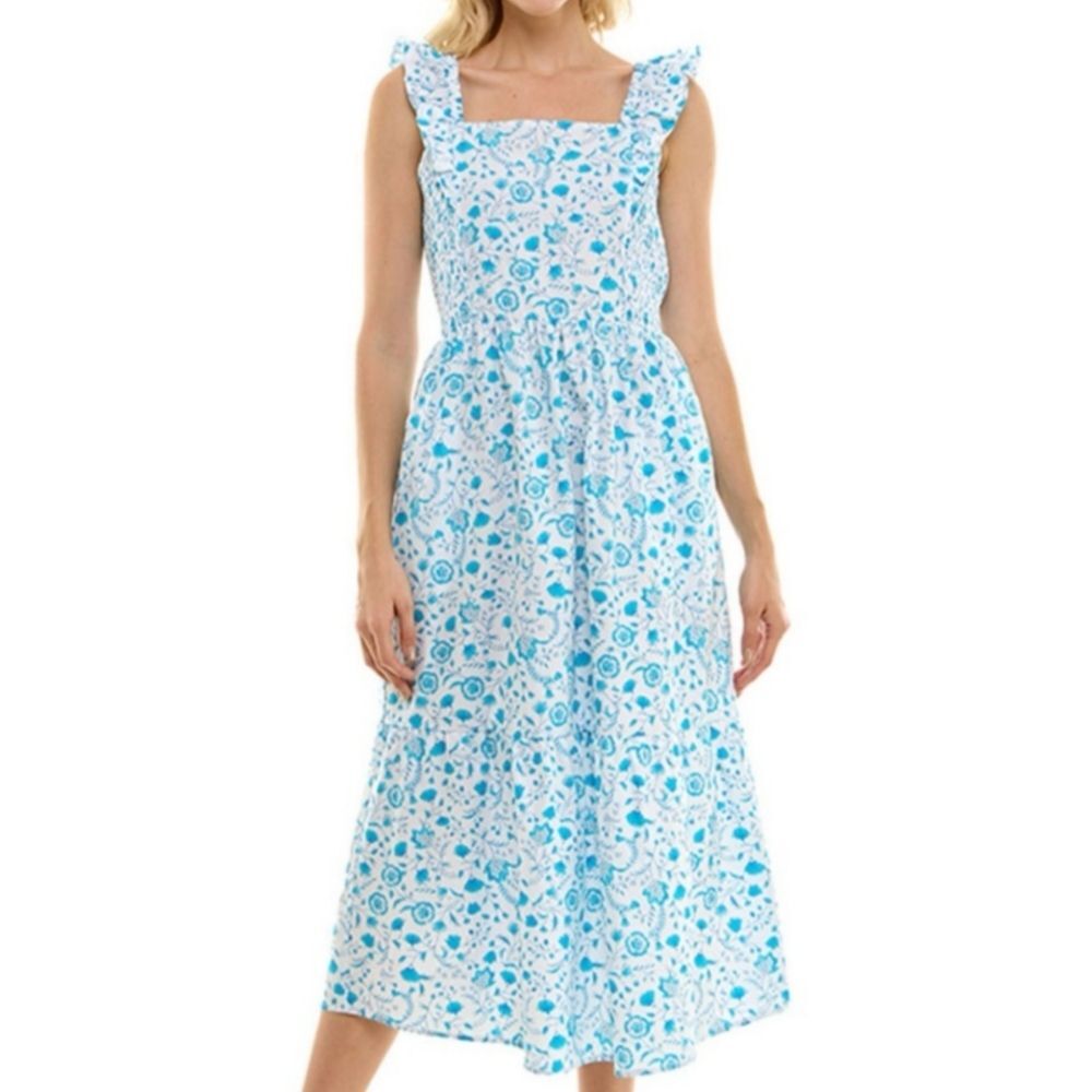 Draper James Ruffle Sleeve Midi Dress Blue Floral Medium Travel Beachy Boho